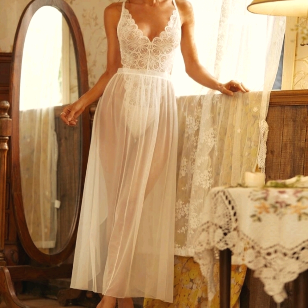 New! Floral Lace Bodysuit w/ Mesh Skirt